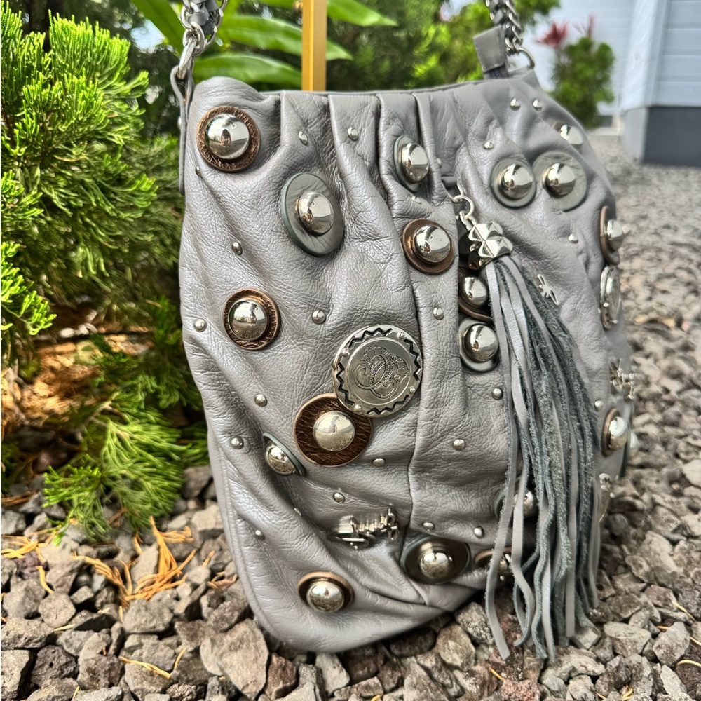 Sharif Gray Leather Studded Hobo Shoulder Bag with Chain Strap & Tassel - Picture 4 of 16